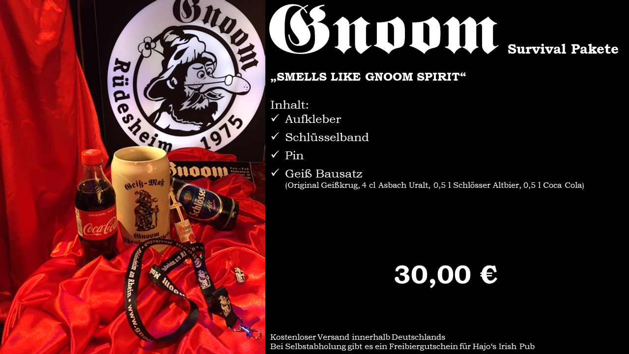 GNOOM SURVIVAL PAKET - SMELLS LIKE GNOOM SPIRIT 30,00 € | Aufkleber | Schlüsselband | Pin | Geiß Bausatz